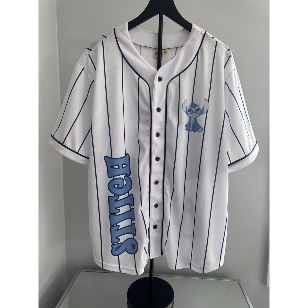 Disney Stitch Pinstripe Baseball‎ Jersey Shirt White Blue Women's 2X Y2K